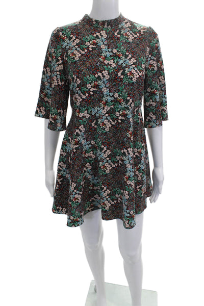 Zara Women Black Floral A-Line Mini Dress Mock Neck 3/4 Sleeve Size S