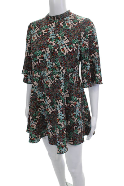 Zara Women Black Floral A-Line Mini Dress Mock Neck 3/4 Sleeve Size S