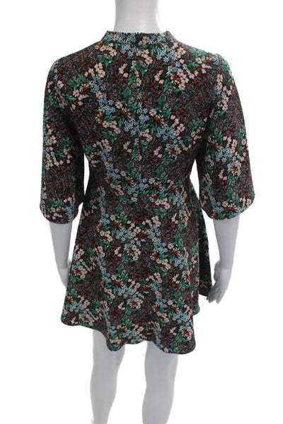 Zara Women Black Floral A-Line Mini Dress Mock Neck 3/4 Sleeve Size S