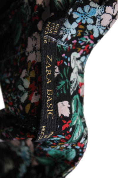 Zara Women Black Floral A-Line Mini Dress Mock Neck 3/4 Sleeve Size S