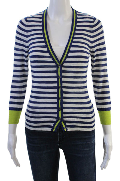 J Crew Unisex Cardigan Dark Blue Striped V-Neck Button 3/4 Sleeve Size S