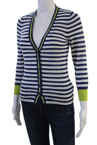 J Crew Unisex Cardigan Dark Blue Striped V-Neck Button 3/4 Sleeve Size S