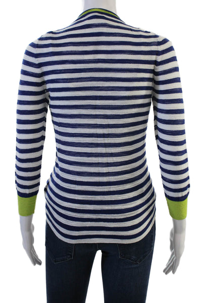 J Crew Unisex Cardigan Dark Blue Striped V-Neck Button 3/4 Sleeve Size S