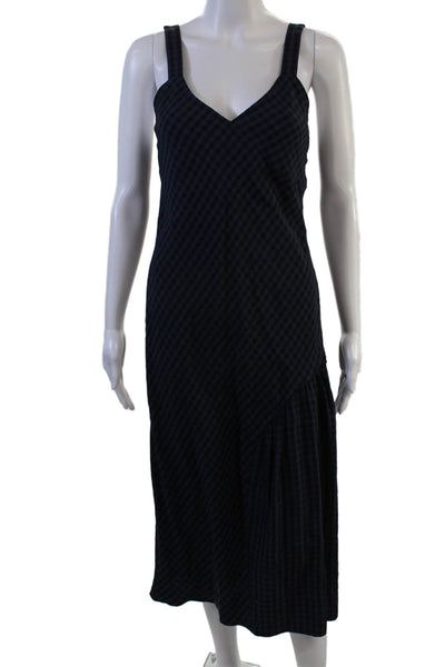 Tibi Womens Slip Tank Dress Dark Blue V Neck Check Knee Length Size 0