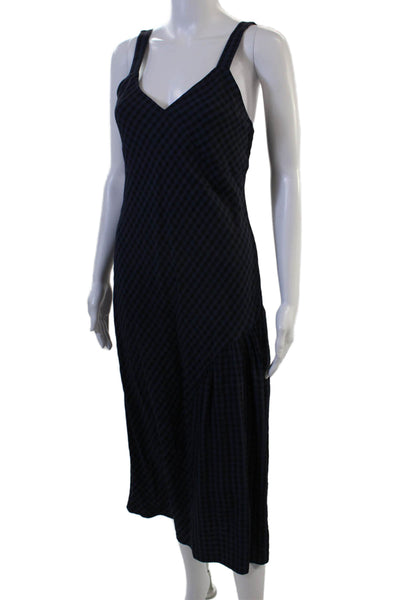 Tibi Womens Slip Tank Dress Dark Blue V Neck Check Knee Length Size 0