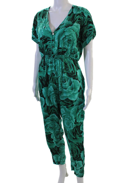 Zara Womens Jumpsuit Green Floral V Neck Sleeveless Polyester Size XS