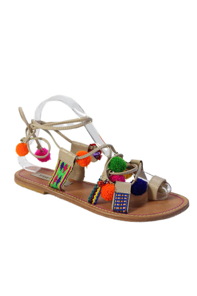Steve Madden Womens Embroidered Pom Pom Strappy Sandals Brown Size 8.5