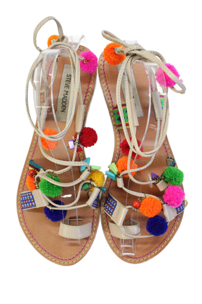 Steve Madden Womens Embroidered Pom Pom Strappy Sandals Brown Size 8.5