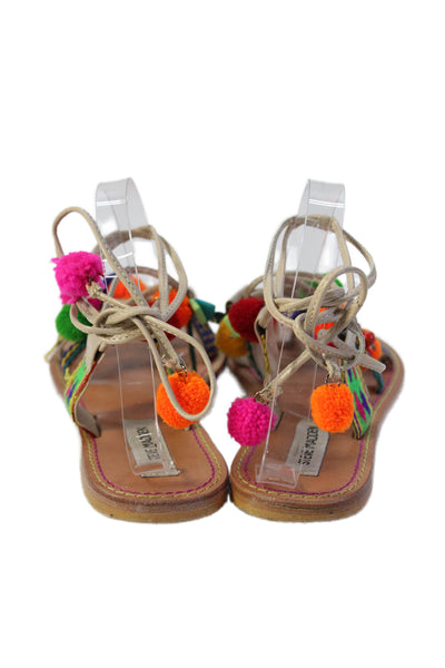Steve Madden Womens Embroidered Pom Pom Strappy Sandals Brown Size 8.5