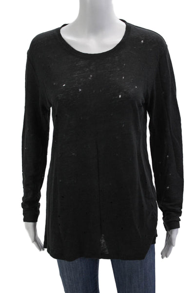 IRO Women Basic Black Linen Long Sleeve T Shirt Round Neck Size S