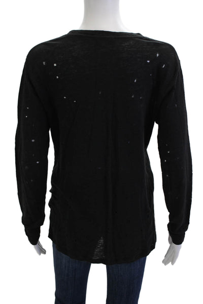 IRO Women Basic Black Linen Long Sleeve T Shirt Round Neck Size S