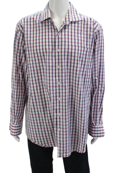 Peter Millar Mens Button Front Collared Plaid Pocket Shirt Pink White Navy XL
