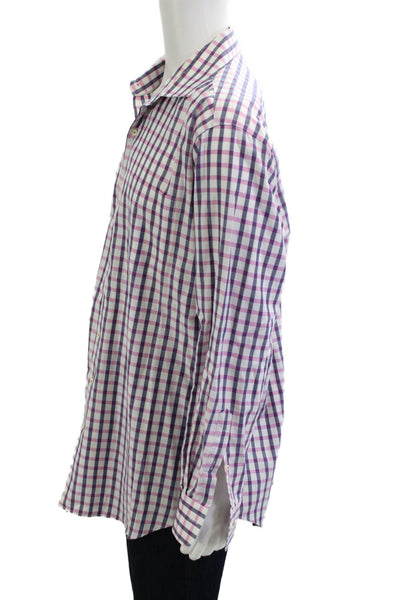Peter Millar Mens Button Front Collared Plaid Pocket Shirt Pink White Navy XL