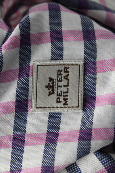 Peter Millar Mens Button Front Collared Plaid Pocket Shirt Pink White Navy XL
