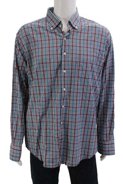 Peter Millar Mens Button Front Collared Gingham Shirt Navy Red White Size XL