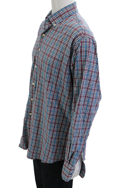 Peter Millar Mens Button Front Collared Gingham Shirt Navy Red White Size XL