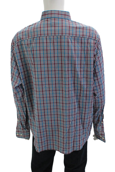 Peter Millar Mens Button Front Collared Gingham Shirt Navy Red White Size XL