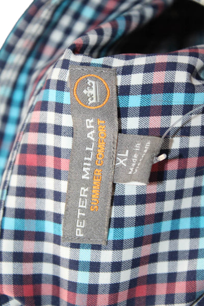 Peter Millar Mens Button Front Collared Gingham Shirt Navy Red White Size XL