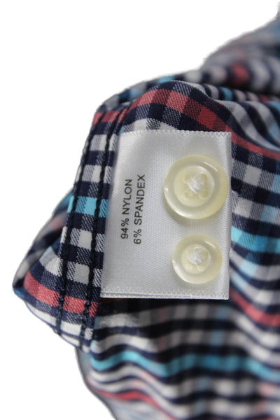 Peter Millar Mens Button Front Collared Gingham Shirt Navy Red White Size XL