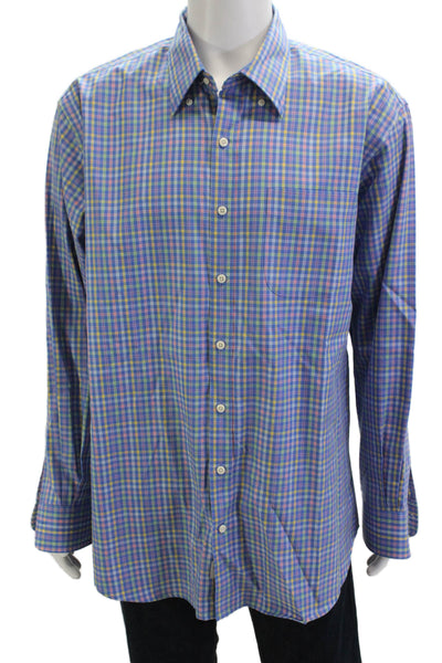 Peter Millar Mens Button Front Collared Plaid Pocket Shirt Blue Yellow Size XL