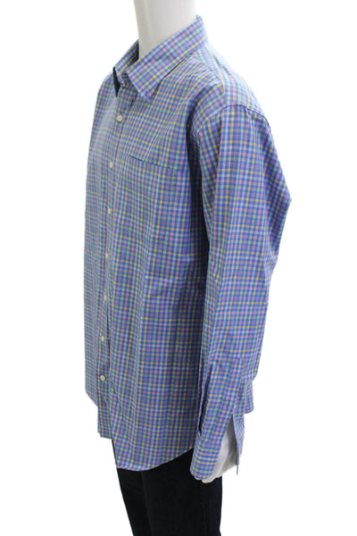 Peter Millar Mens Button Front Collared Plaid Pocket Shirt Blue Yellow Size XL