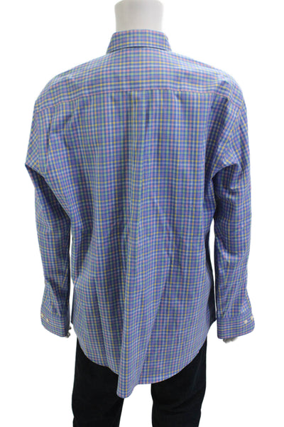 Peter Millar Mens Button Front Collared Plaid Pocket Shirt Blue Yellow Size XL