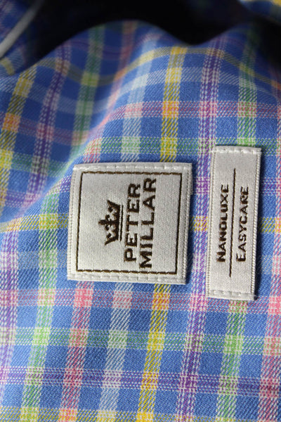 Peter Millar Mens Button Front Collared Plaid Pocket Shirt Blue Yellow Size XL