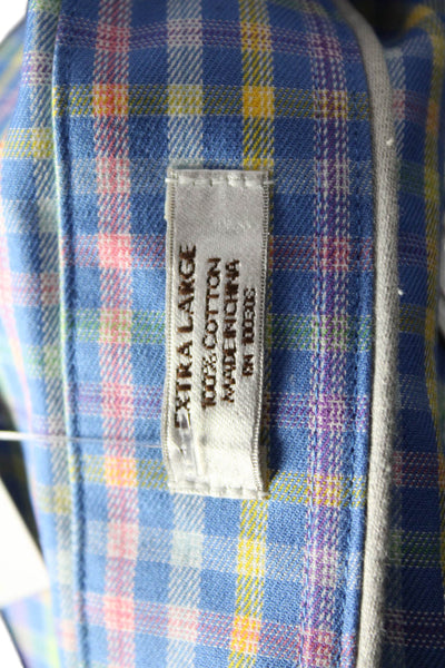 Peter Millar Mens Button Front Collared Plaid Pocket Shirt Blue Yellow Size XL