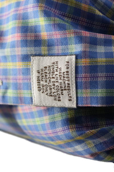 Peter Millar Mens Button Front Collared Plaid Pocket Shirt Blue Yellow Size XL