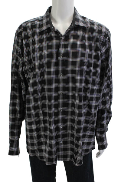 Bugatchi Mens Button Front Long Sleeve Collared Plaid Shirt Black White Size XL