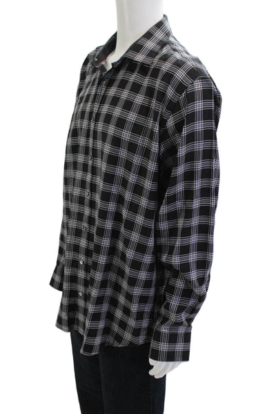 Bugatchi Mens Button Front Long Sleeve Collared Plaid Shirt Black White Size XL
