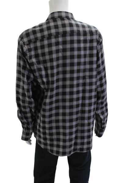 Bugatchi Mens Button Front Long Sleeve Collared Plaid Shirt Black White Size XL