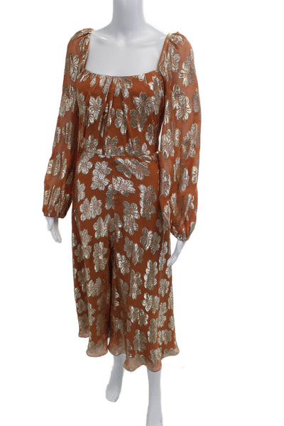 Lela Rose Women Brown Floral Square Neck Long Sleeve Dress Size 12