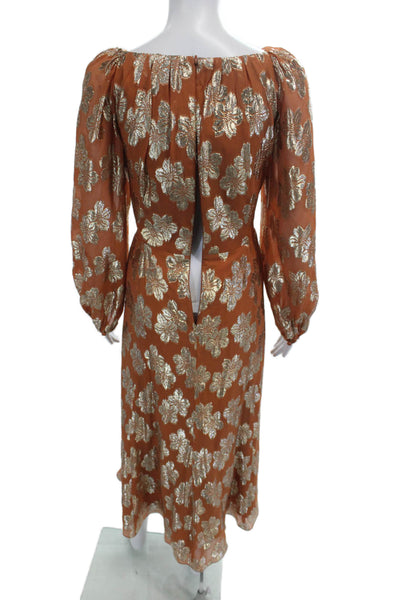 Lela Rose Women Brown Floral Square Neck Long Sleeve Dress Size 12