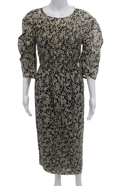 Rebecca Taylor Women Sheath Dress Beige Animal Print 3/4 Sleeve Button Size L