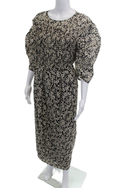 Rebecca Taylor Women Sheath Dress Beige Animal Print 3/4 Sleeve Button Size L
