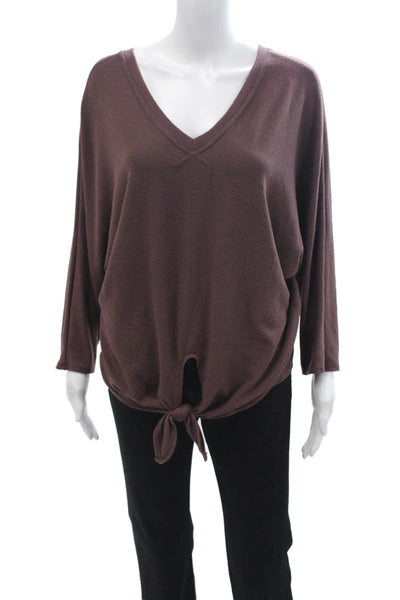 six/fifty Womens Basic V Neck Tie Front Long Sleeve Top Brown Size M