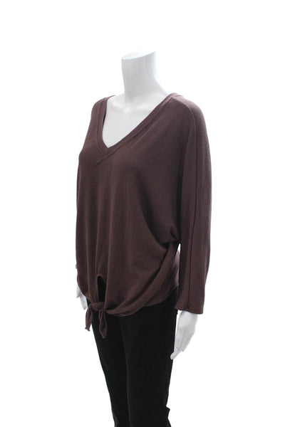 six/fifty Womens Basic V Neck Tie Front Long Sleeve Top Brown Size M