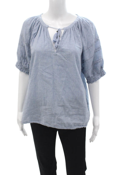 Sundays Women Tunic Light Blue Cotton Round Neck Short Sleeve Drawstring Size M