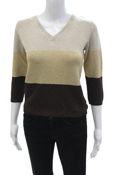 Duna Unisex Striped V-Neck Pullover Sweater Beige 3/4 Sleeve Size S