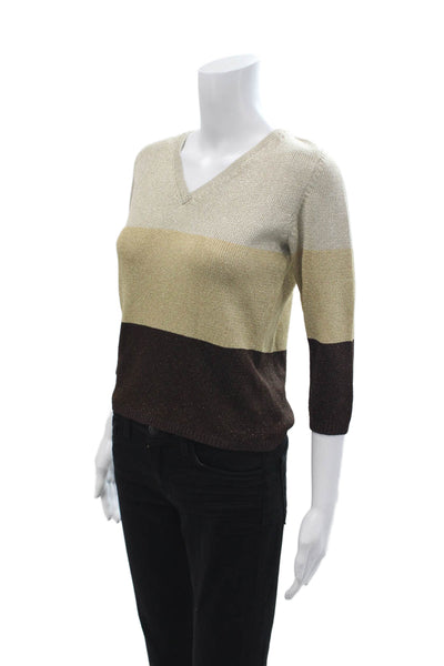 Duna Unisex Striped V-Neck Pullover Sweater Beige 3/4 Sleeve Size S