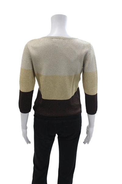 Duna Unisex Striped V-Neck Pullover Sweater Beige 3/4 Sleeve Size S