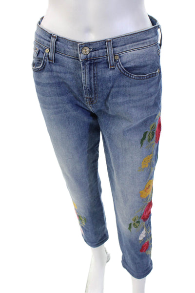 7 For All Mankind Womens Cropped Ankle Floral Blue Jeans Size 26