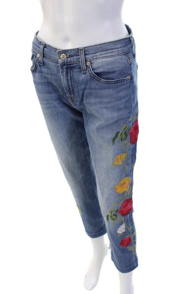 7 For All Mankind Womens Cropped Ankle Floral Blue Jeans Size 26