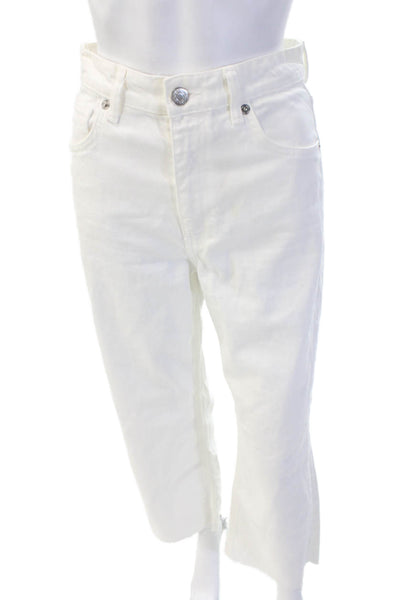 Zara Women Ankle Cropped High Rise White Jeans Button Cotton Blend Size 2