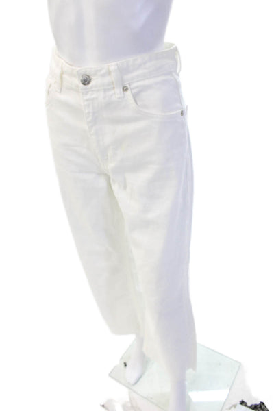 Zara Women Ankle Cropped High Rise White Jeans Button Cotton Blend Size 2
