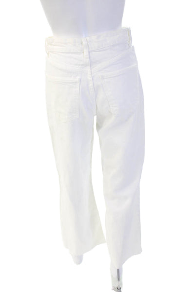 Zara Women Ankle Cropped High Rise White Jeans Button Cotton Blend Size 2