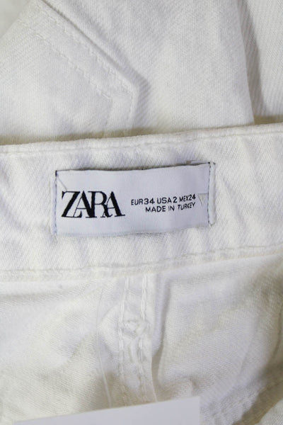 Zara Women Ankle Cropped High Rise White Jeans Button Cotton Blend Size 2