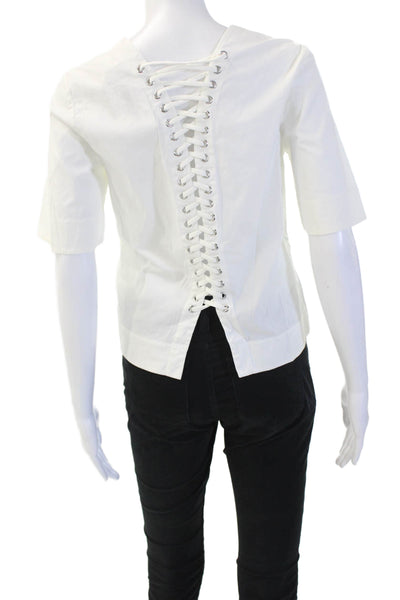 ALC Women White Cotton Lace Up Crew Neck Short Sleeve Blouse Size 2