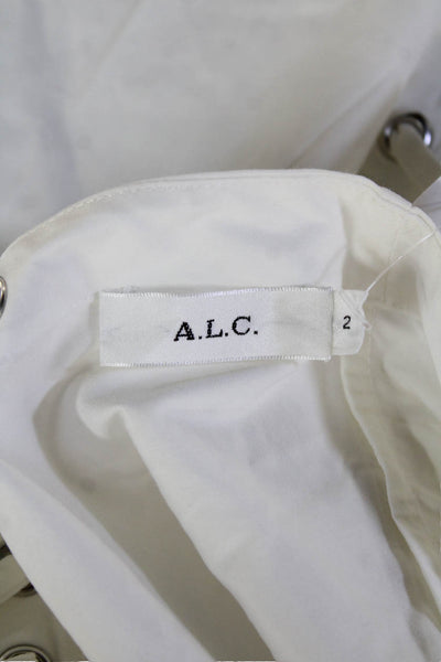 ALC Women White Cotton Lace Up Crew Neck Short Sleeve Blouse Size 2